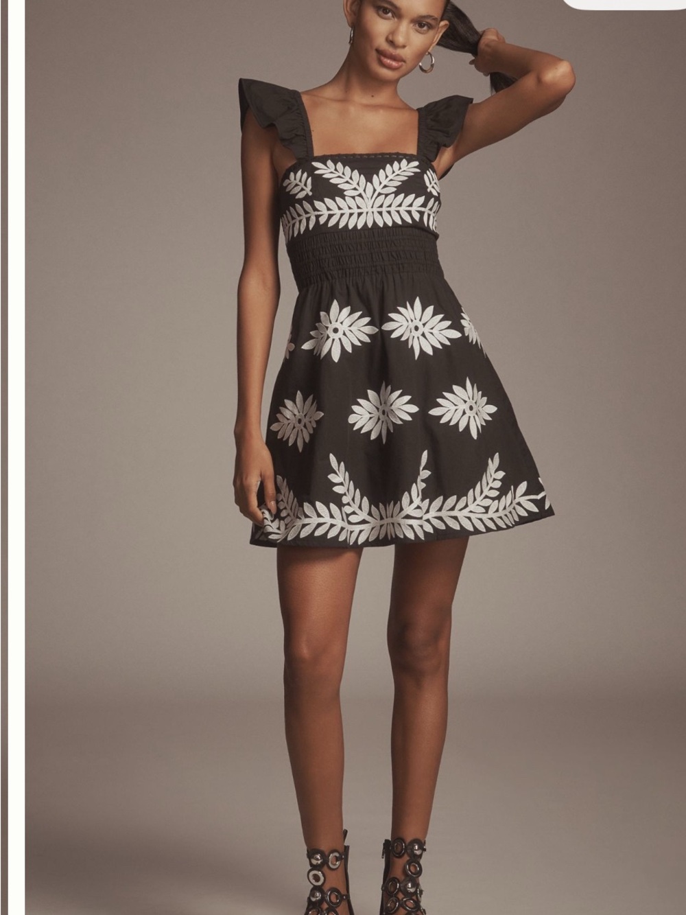 By Anthropologie Ruffle-Strap
Embroidered Smocked Mini Dress: Anthracite Combo-